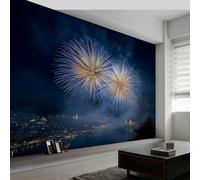 Fotomurale Cielo Notturno Fuochi D’Artificio Poster Giganti da Parete, Vista Notturna Della Città Decorazione da Muro Carta da Parati Murale Per Camera da Letto Soggiorno Sala da Pranzo 200 x 140 cm