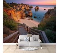Fotomurale Costa Scogliere Scale Di Legno Turismo Paesaggio 400 x 280 cm, Carta da parati Sfondo Murale - Decorazione Moderna Soggiorno Camera da letto Sala Ufficio Blu Scuro