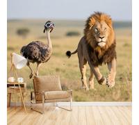 Fotomurale Da Parete Commedia Struzzo Leone, Carta Da Parati Fotomurali Animali Divertenti 250X175cm Aggiorna Lo Stile Della Casa Perfetto Per Case In Affitto Materiale Sicuro Ed Ecologico Facile Da
