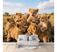 Fotomurale Da Parete leone, Carta Parati Tessuto Non Tessuto Caccia al safari 300x210cm Murale decorativo 3D Arte murales moderna parete d’accento salotto camera bambini installazione semplice