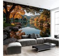 Fotomurale da Parete Sfondo Murale Autunno Paesaggio, Carta da Parati Fotografica Riva Del Lago Alberi 300Lx210A cm, Moderne Decorazione Soggiorno Camera de Letto Sala Ufficio