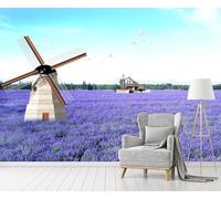 Fotomurale Fiori Viola Carta da Parati Campo di Campagna Del Mulino a Vento 3D Fotomurali In Tessuto Non Tessuto 150x105 Decorazione Parete Camere da Letto Soggiorno Pareti Murale Poster a-8409