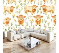 Fotomurale Fotomurali 350 x 256 cm Bovini delle Highlands fiori selvatici Crema Carta da parati Decorazione da Muro Poster Marrone per Camere da Letto, dei Bambini Carta da Parati