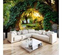 Fotomurale Rustico Botanico Arco Luce Soffusa Rami 250 x 175 cm - Carta da Parati Verde Salvia in TNT per Parete Soggiorno e Camera da Letto, Decorazione Murale 3D