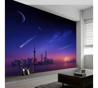 Fotomurale Soggiorno 250 x 175 cm Carta da parati Fogli Futurismo, Fotomurali in Tnt Murale Decorazione da Muro Cielo Notturno Pianeti Edifici Cittadini Poster Design Cameretta Carta per pareti