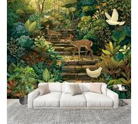 Fotomurale Soggiorno Carta da parati 300x210 cm Gradini Di Pietra Nella Junglea Cervo Sika TNT Murale alla Decorazione da Muro Verde Poster Gigante Design Cameretta Carta per Camera da Letto