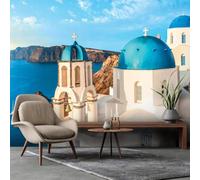 Fotomurales - Carta da parati Carta da parati moderna per soggiorno e camera da letto con paesaggio di Santorini, Grecia, 350 cm x 256 cm. Poster - Adesivo per parete - Quadro senza cornice