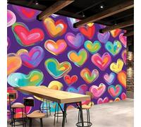 Fotomurales - Carta da parati Murale con cuori colorati e scarabocchi viola, effetto 3D, in tessuto non tessuto, per soggiorno e camera da letto, 300 cm x 210 cm. Poster - Adesivo per parete - Quadro