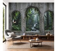 Fotomurali Carta Da Parati Foresta Pluviale Primordiale Ruscelli Cascate 400x280cm | Carta Da Parati 3D Seta Vista Dalla Finestra Di Rovine Industriali Studio Sala Pranzo Divano Camera per Soggiorno