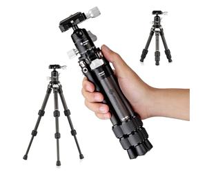 Fotopro Mini treppiede da viaggio, leggero e compatto, in fibra di carbonio, con testa a sfera a 360°, piastra QR per fotocamera DSLR, da viaggio, per desktop, carico massimo 5 kg, nero