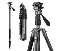 Fotopro Treppiede da viaggio in fibra di carbonio da 149,9 cm, treppiede compatto con testa fluida, monopiede staccabile con piastra a sgancio rapido e borsa, treppiede per fotocamera carico fino a 8