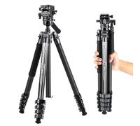 Fotopro X-Airfly - Treppiede da viaggio leggero da viaggio con testa fluida panoramica a sfera, 1,3 kg, espandibile e compatto, in fibra di carbonio, per fotocamera DSLR, carico fino a 15 kg, grigio