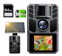 Fototrappola Solare 4K 64MP, con Batteria al Litio Ricaricabile Integrata da 5000mAh con scheda SD da 64 GB, IP67 Impermeabile, Infrarossi Invisibili con Velocità di Trigger 0.1s, 130°Angolo