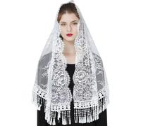 Foulard delicato in pizzo per donne musulmane e pregare mantiglia floreale modello rosa velo di pizzo velo di cotone foulard, bianco, Taglia unica