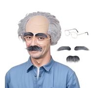 FOUNSHO Costumi Uomo Vecchio Parrucca da Nonno Adulti Bambini Grigio Parrucca Calvo Pelata Baffi Finta Sopracciglio Occhiali, Capelli da Calvo Berretto in Lattice Accessori per Halloween (Grigio)