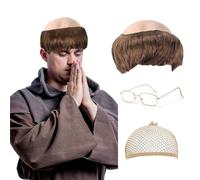 FOUNSHO Parrucca da Calva Berretto in Lattic, Mezza Capelli Calvo Parrucca Nonno Occhiali, Marrone Parrucca Monaco per Uomo Adulti Cappello Pelato Anziano Halloween Costumi Carnevale Cosplay (Marrone)