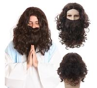 FOUNSHO Parrucca e Barba Gesù Aldult, Parrucca Vichingo Uomo Con Lunga Barba, Lunga Ondulati Ricci Parrucca Marrone Scuro da Uomo Barba Costumi Parrucca Hagrid per Halloween Carnevale (Marrone Scuro)