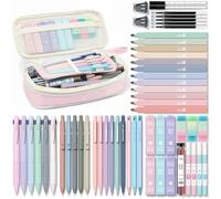 Four Candies - Set astuccio per la scuola con 56 pezzi, bella estetica, con 6 penne multicolore, 12 evidenziatori pastello, 5 penne gel inchiostro nero, 9 portamine, cancelleria per studenti (rosa)