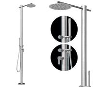 Four & More - Doccia da giardino per esterni, con colonna doccia a pioggia, in acciaio inox spazzolato V4A/316, modello LANIKAI con attacco per acqua calda e fredda per il giardino