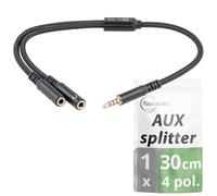 fouraces AUX y splitter - 4 poli, sdoppiatore cuffie corto - 30 cm - 3,5 mm - 2 connessioni per cuffie per PC, PS4, microfono - jack crossover, splitter audio
