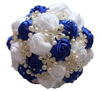 Fouriding Bouquet da Nozze Sposa damigella d'onore Nastro Rosa Diamante Perlato Fiore Artificiale Decorazione (Royal blu-bianco, 24cm)