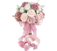 Fouriding Bouquet da sposa artificiale, bouquet di rose artificiali per damigella d'onore, per cerimonie, anniversari, feste, addio al nubilato, bouquet di nozze (pasta di fagioli rosa)