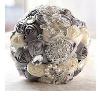 Fouriding Bouquet da Sposa di Lusso Nozza Fiori di Rosa Diamante Perlato Fiori Artificial Decor (Grigio-Crema Bianca)