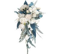Fouriding Bouquet da sposa per sposa, pavone, blu, champagne, rosa, acqua, cascata, bouquet da sposa, fiori artificiali, per cerimonie, anniversari, matrimoni, feste