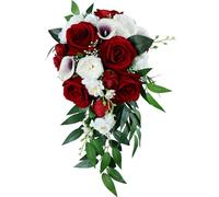 Fouriding Bouquet da sposa rosso vino per sposa, cascata d'acqua bouquet da sposa fiori artificiali rose che tengono fiori per cerimonie, anniversari, feste, addio al nubilato, decorazione di nozze