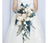 Fouriding Bouquet di fiori artificiali da sposa con pavone blu champagne goccia d'acqua bouquet da sposa per cerimonia anniversario addio al nubilato festa decorazione per la casa, K240318-F