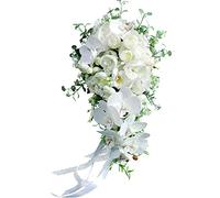 Fouriding Bouquet di fiori artificiali da sposa Phalaenopsis bianco a cascata per cerimonie, anniversari, addio al nubilato, feste, matrimoni