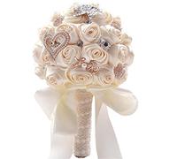 Fouriding Bouquet di rose artificiali da sposa in raso con perle di diamante e perle di raso per cerimonia nuziale, decorazione per matrimoni e matrimoni, per foto di San Valentino, compleanno