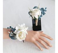 Fouriding Set di bouquet da polso per matrimonio, colore blu crema, set di fiori artificiali, decorazione per sposo, sposa, banchetto, festa