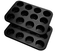 Fousenuk 2 Pezzi Teglia Muffin Antiaderente con 12 Stampo Muffin, Riutilizzabili Acciaio al Carbonio Stampi per Muffin per Cupcake, Brownies, Budini, Mini Muffin 35 X 26 X 3.5 cm (Nero)