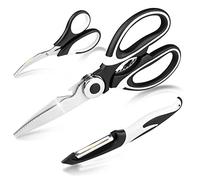 Fousenuk 3 pezzi Forbici da Cucina, Forbice da Cucina Professionali in Acciaio Inox con Apribottiglia e Schiaccianoci, Trinciapollo per Carne, Verdura, Pollo, Ossa, Pizza(Bianco e Nero)