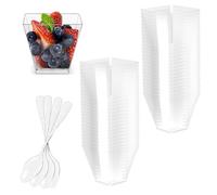Fousenuk 50 Pezzi tazze bicchieri da dessert con Cucchiai Plastica, 60 ml/2oz Finger Food Contenitori Riutilizzabili Quadrati Trasparenti per Budini, Mousse, Gelati, Compleanni, Matrimoni