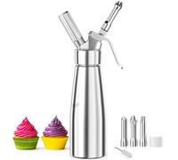 Fousenuk 500ml Sifone Panna Montata, Sifone da Cucina Alluminio con 3 Ugelli in Acciaio Inox e 1 Spazzola da Pulizza per Decorazione Torte di Compleanno Pasticceria Panna Gelato e Dessert