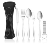 Fousenuk 6 Pezzi Set di Posate da Campeggio, Portatili Posate da Viaggio in Acciaio Inossidabile con Coltello, Forchetta, Cucchiaio, Borsa Portaoggetti, per Viaggi, Casalingo, Picnic, Scuola