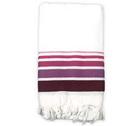 Fouta Cotone Spugna Bianco Bordo Rigato 90x160cm con Frange Telo Mare Asciugamano Bagno Beach Towel (Bianco-Fucsia)
