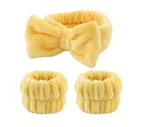 FOVAOK Set di 3 paia di polsini da donna impermeabili e assorbenti, in pile di corallo, orecchie di coniglio, fascia per capelli, set di accessori per capelli (giallo)