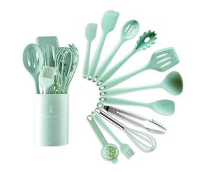 FOVAOK Set di utensili da cucina in silicone resistente al calore, cucchiaio da minestra, mestolo, spatola, colino, antiaderente, utensili da cucina (12 pezzi, verde)