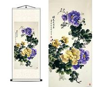 FOVNOT Arte Parete Cinese a Rotolo di Seta con Peonie | Dipinto Botanico Vintage Floreale | Decorazione Orientale Asiatica con Fiori (Scorrimento)