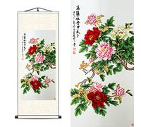 FOVNOT Arte Parete Cinese a Rotolo di Seta con Peonie | Dipinto Botanico Vintage Floreale | Decorazione Orientale Asiatica con Fiori (Scorrimento)