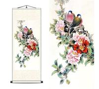 FOVNOT Arte Parete Cinese a Rotolo di Seta con Peonie | Dipinto Botanico Vintage Floreale | Decorazione Orientale Asiatica con Fiori (Scorrimento)