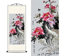 FOVNOT Arte Parete Cinese a Rotolo di Seta con Peonie | Dipinto Botanico Vintage Floreale | Decorazione Orientale Asiatica con Fiori (Scorrimento)