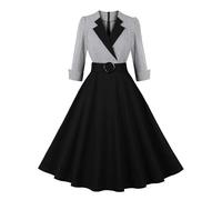 Foweknow Abito da cocktail da donna, rockabilly, a quadri, anni '50, vintage, per feste, da sera, con scollo a V, maniche a 3/4, linea ad A, elegante, Nero , XL