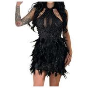 Foweknow - Abito da donna per feste, sexy, monocromatico con piume, aderente, elegante, abito invernale, a maniche lunghe, abito da festa, abito da cocktail, mini abito, Nero , M