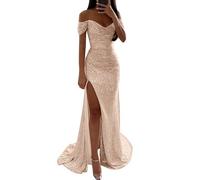 Foweknow Abito da sera da donna lungo a spalle scoperte, con brillantini, elegante, per matrimonio, con paillettes, sexy, linea A, alla moda, con fessura, casual, da ballo, da cocktail