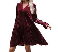 Foweknow Abito in velluto da donna, autunno, lungo, curvy, per feste, per l'inverno, a maniche lunghe, da cocktail, elegante, rockabilly, sexy, linea A, vestito invernale