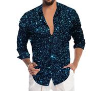 Foweknow Camicia con glitter da uomo, a maniche lunghe, per matrimoni, feste, alla moda, per il tempo libero, per l'estate e la spiaggia, hawaiani, per discoteca, festival musicali, balli di fine